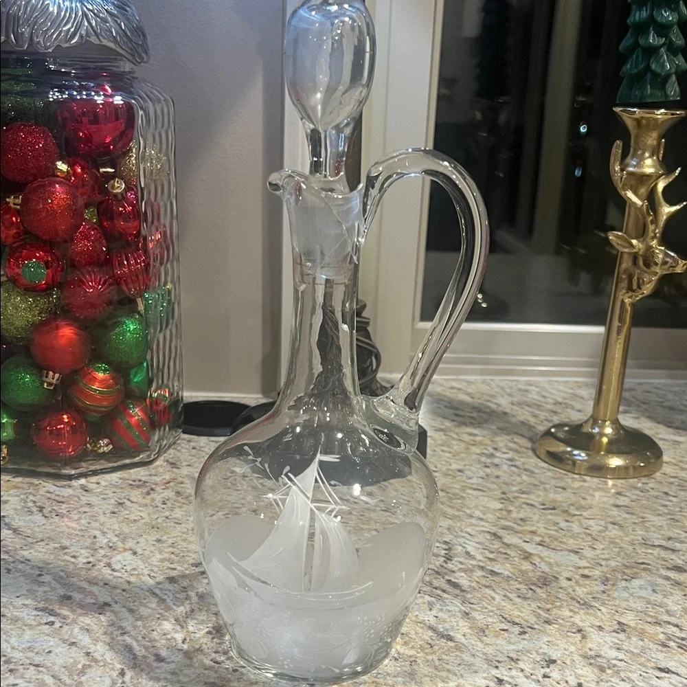 Elegant Glass Decanter with hand painted Sailboat Design